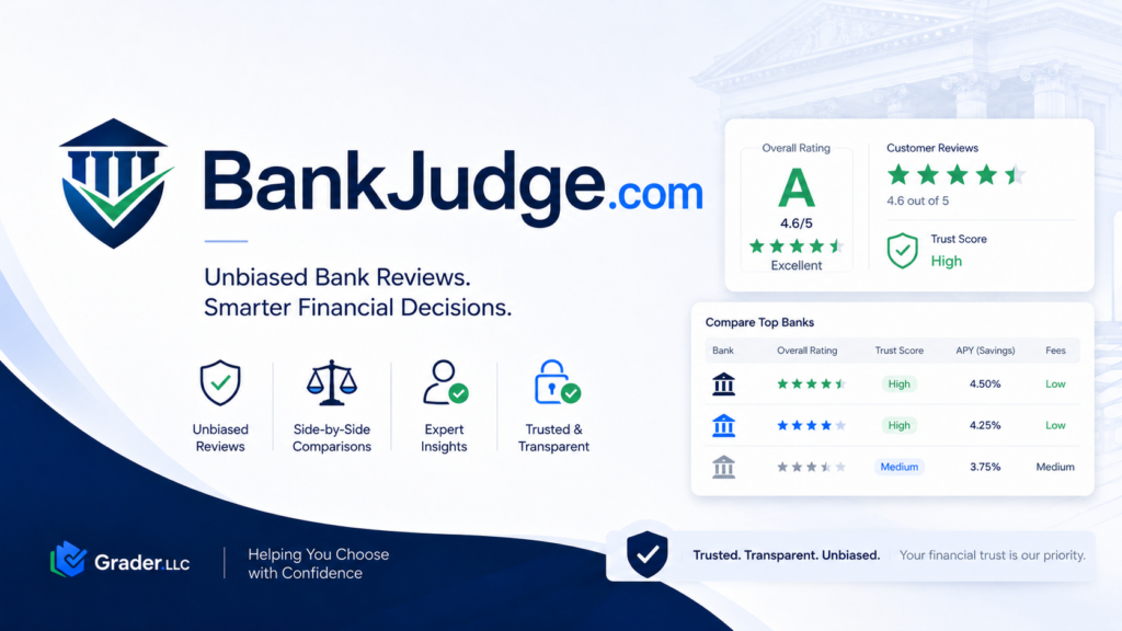 BankJudge feature image with bank review ratings, comparison dashboard, trust score, and Grader.LLC logo.