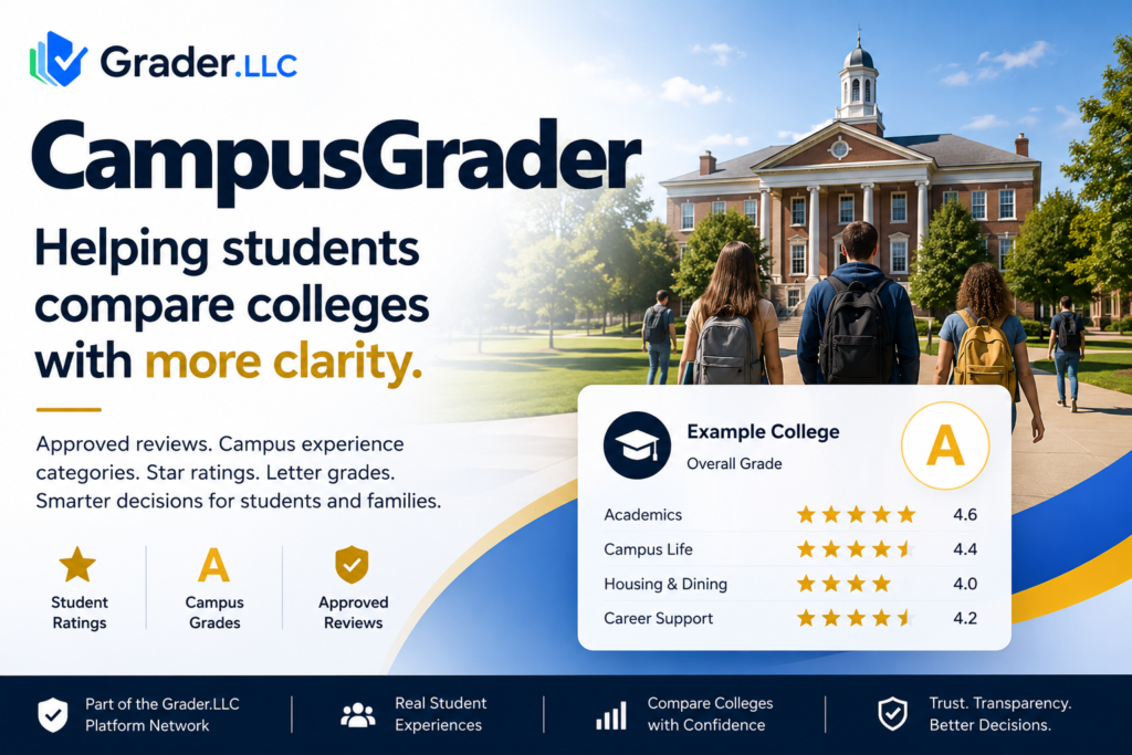 CampusGrader feature image with college campus, student review ratings, campus grades, and Grader.LLC platform network branding.
