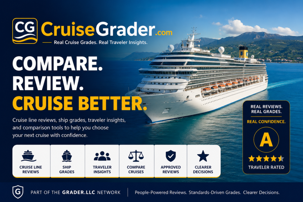 CruiseGrader feature image with cruise ship, review grades, traveler insights, and comparison icons.